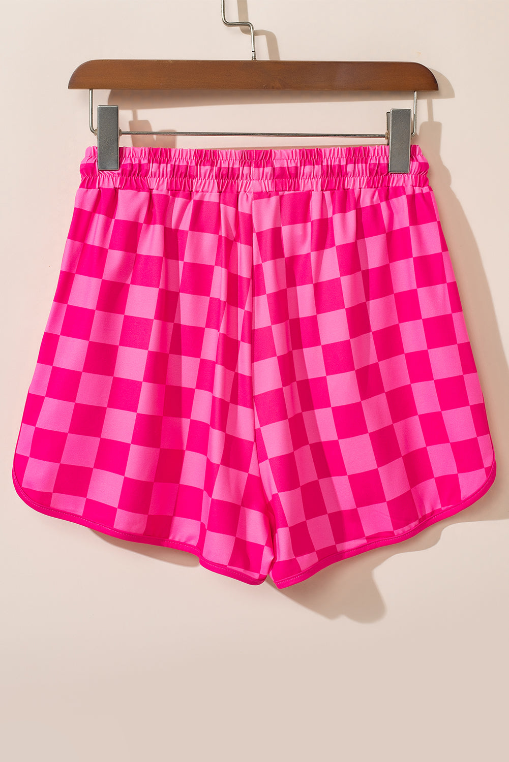 Pink Checkered Drawstring Elastic Waist Casual Shorts