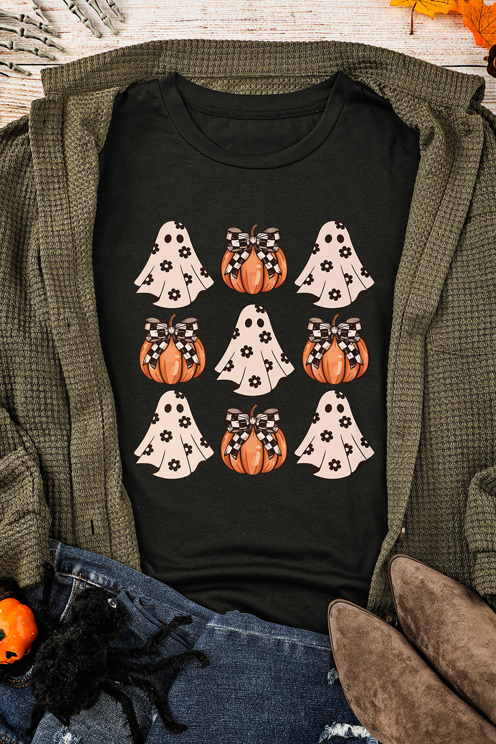 Black Halloween Ghost & Pumpkin Graphic Tee