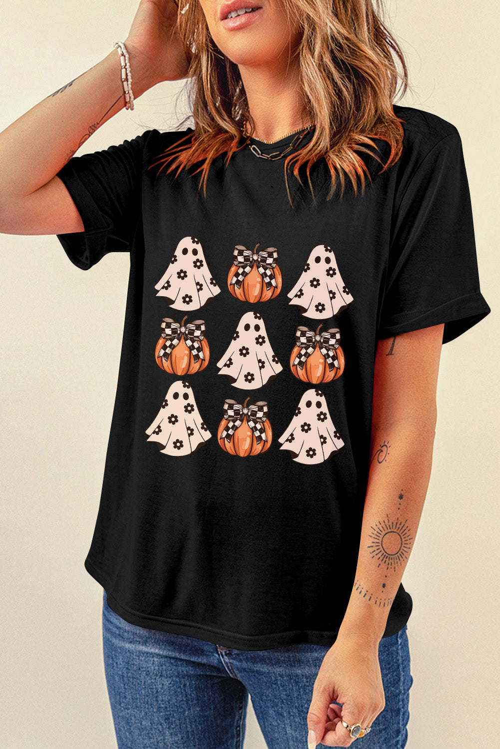 Black Halloween Ghost & Pumpkin Graphic Tee