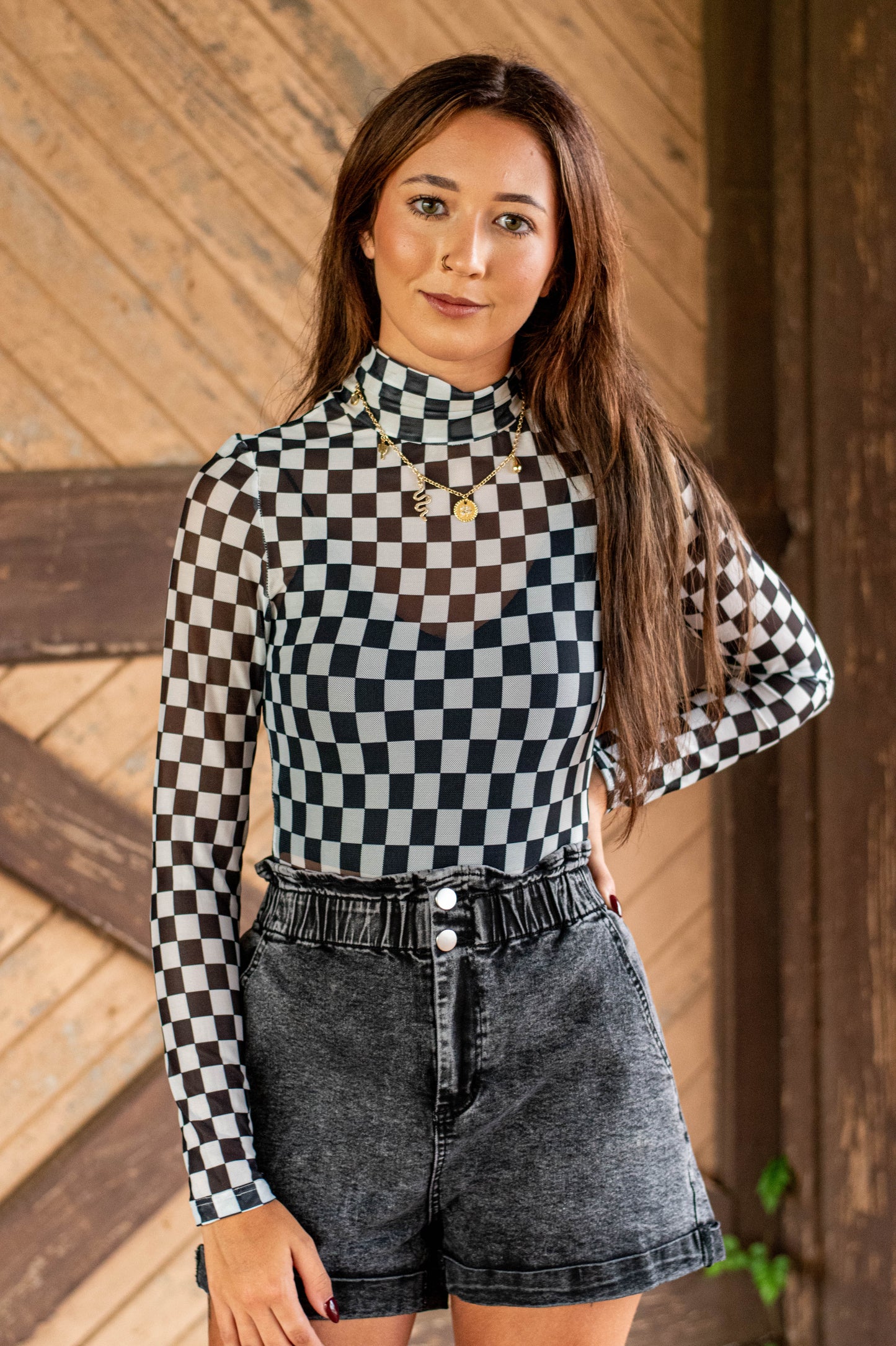 Black Checkered Printed Long Sleeve High Neck Bodysuit