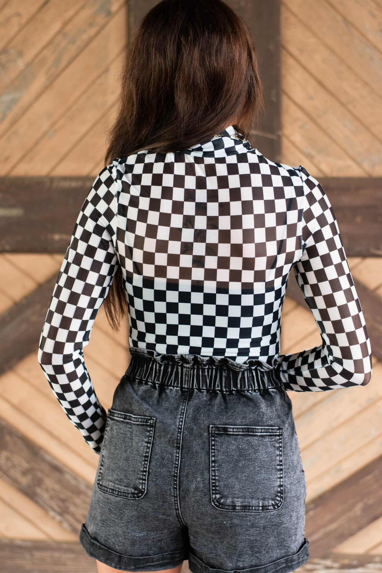 Black Checkered Printed Long Sleeve High Neck Bodysuit