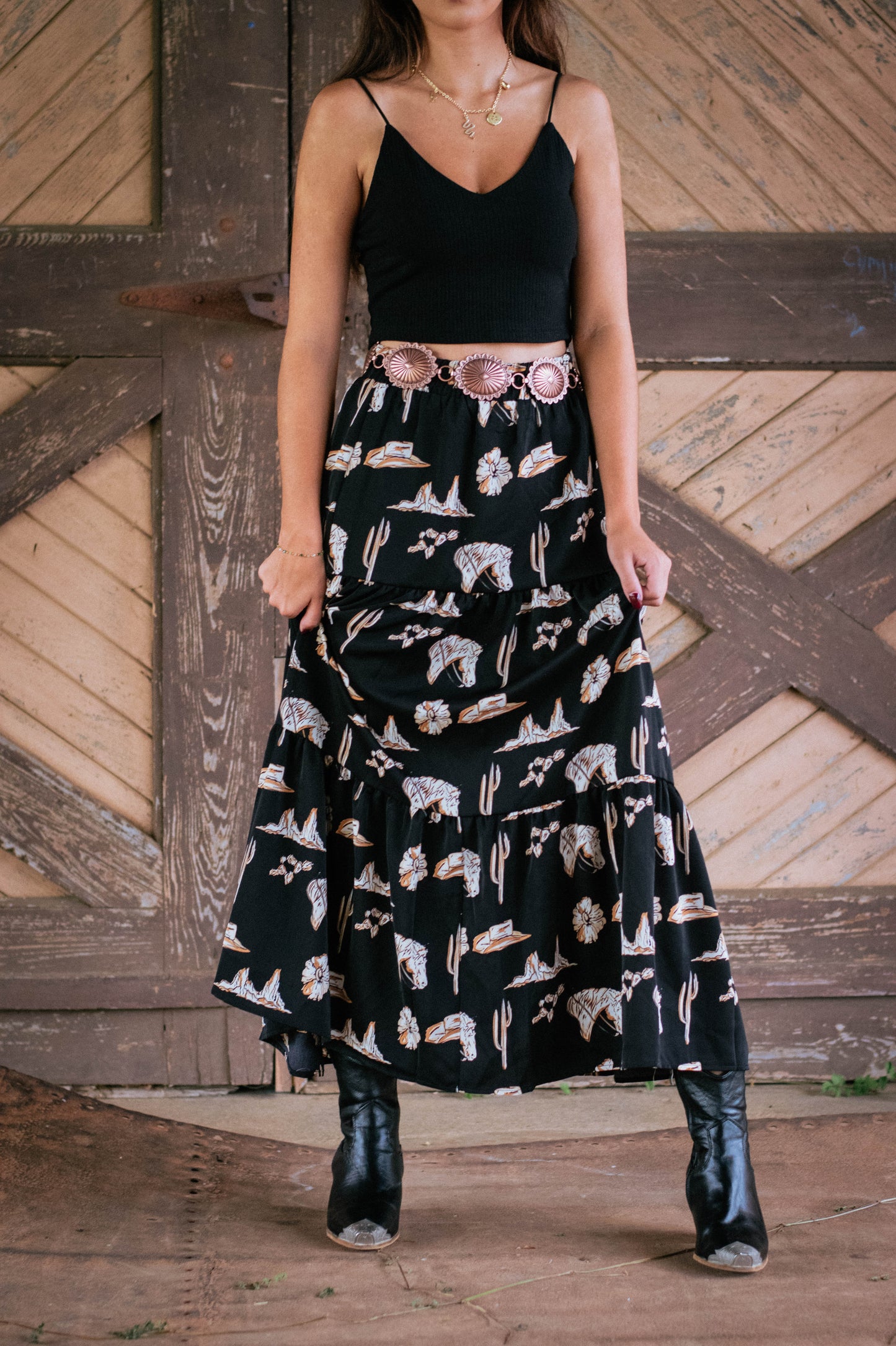 Lets get Western Tiered Ruffled High Waist Maxi Skirt