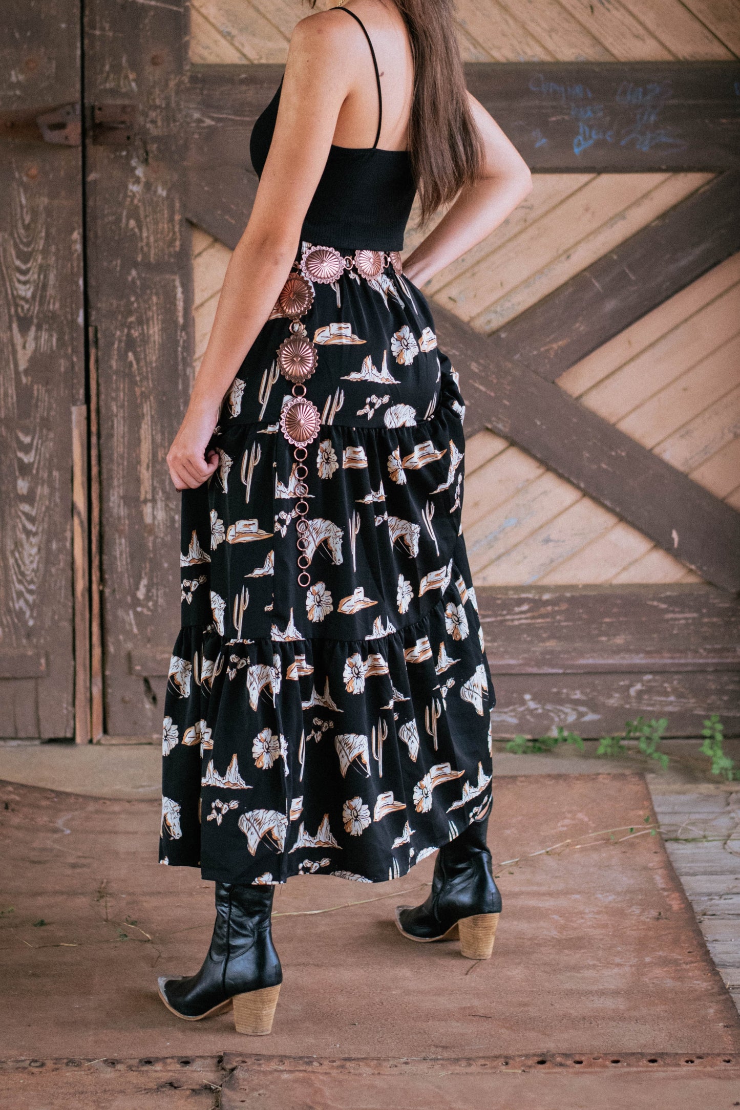 Lets get Western Tiered Ruffled High Waist Maxi Skirt