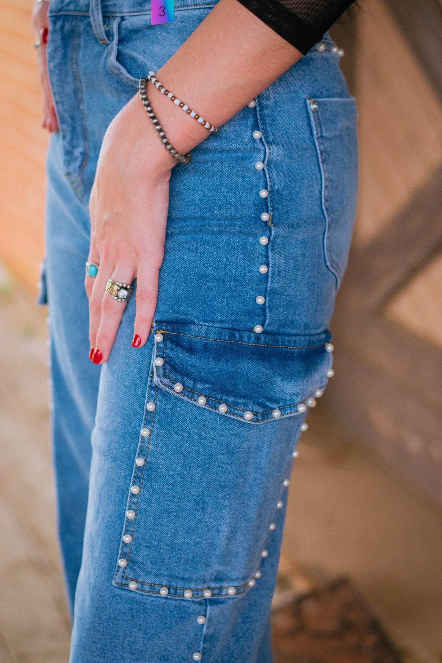 Pearl Embellished Cargo Jeans