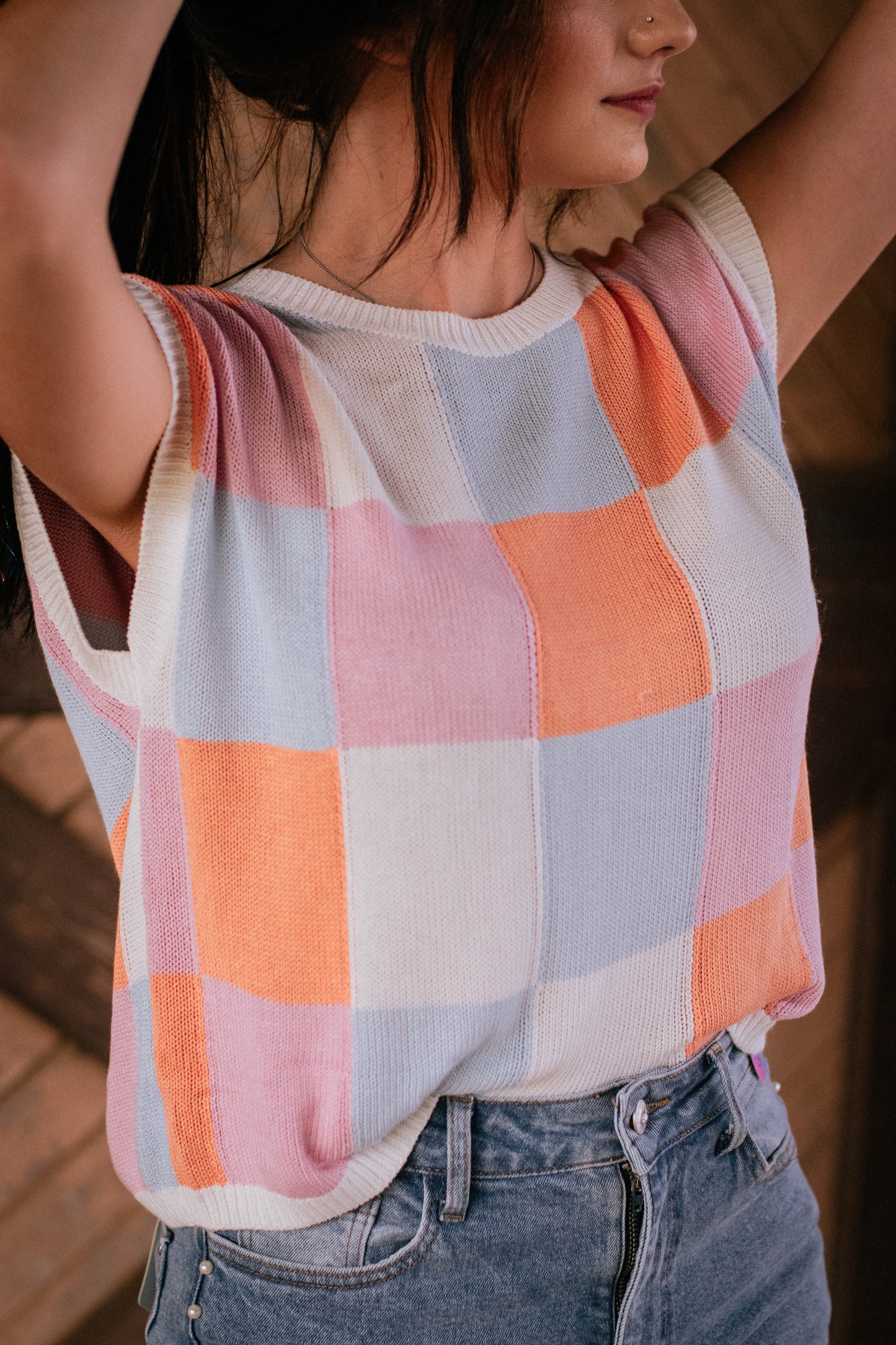 Grapefruit Orange Color Block Cap Sleeve Sweater