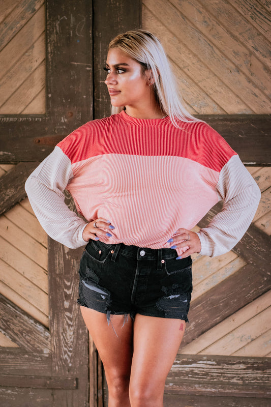 Rust Red Block Long Sleeve Loose Top