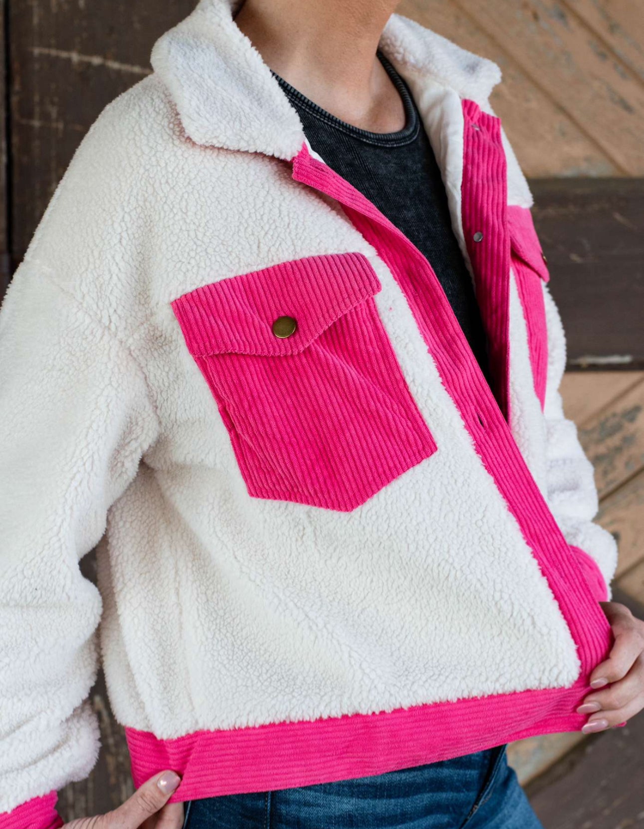 White and Pink Corduroy and Sherpa Jacket with Flap Pockets