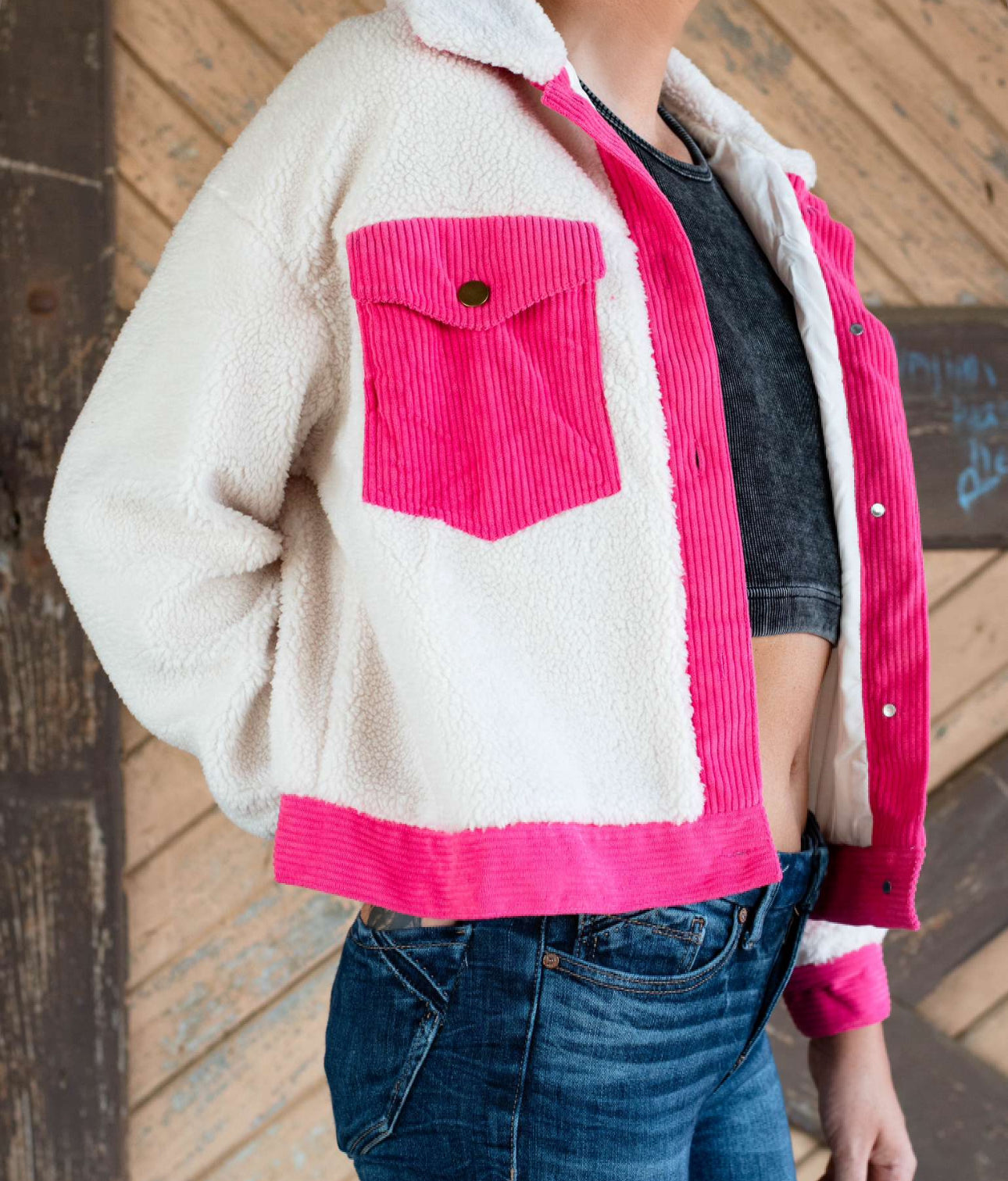 White and Pink Corduroy and Sherpa Jacket with Flap Pockets