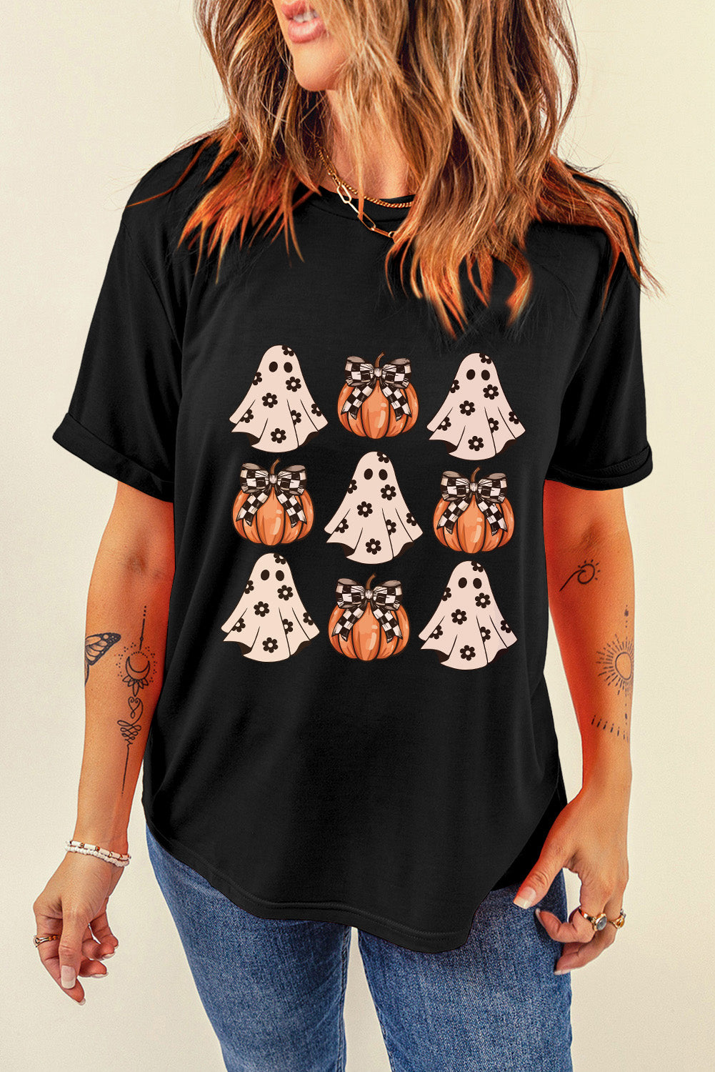 Black Halloween Ghost & Pumpkin Graphic Tee