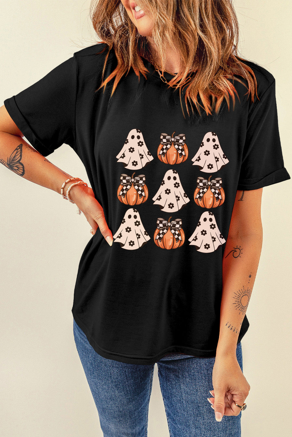 Black Halloween Ghost & Pumpkin Graphic Tee