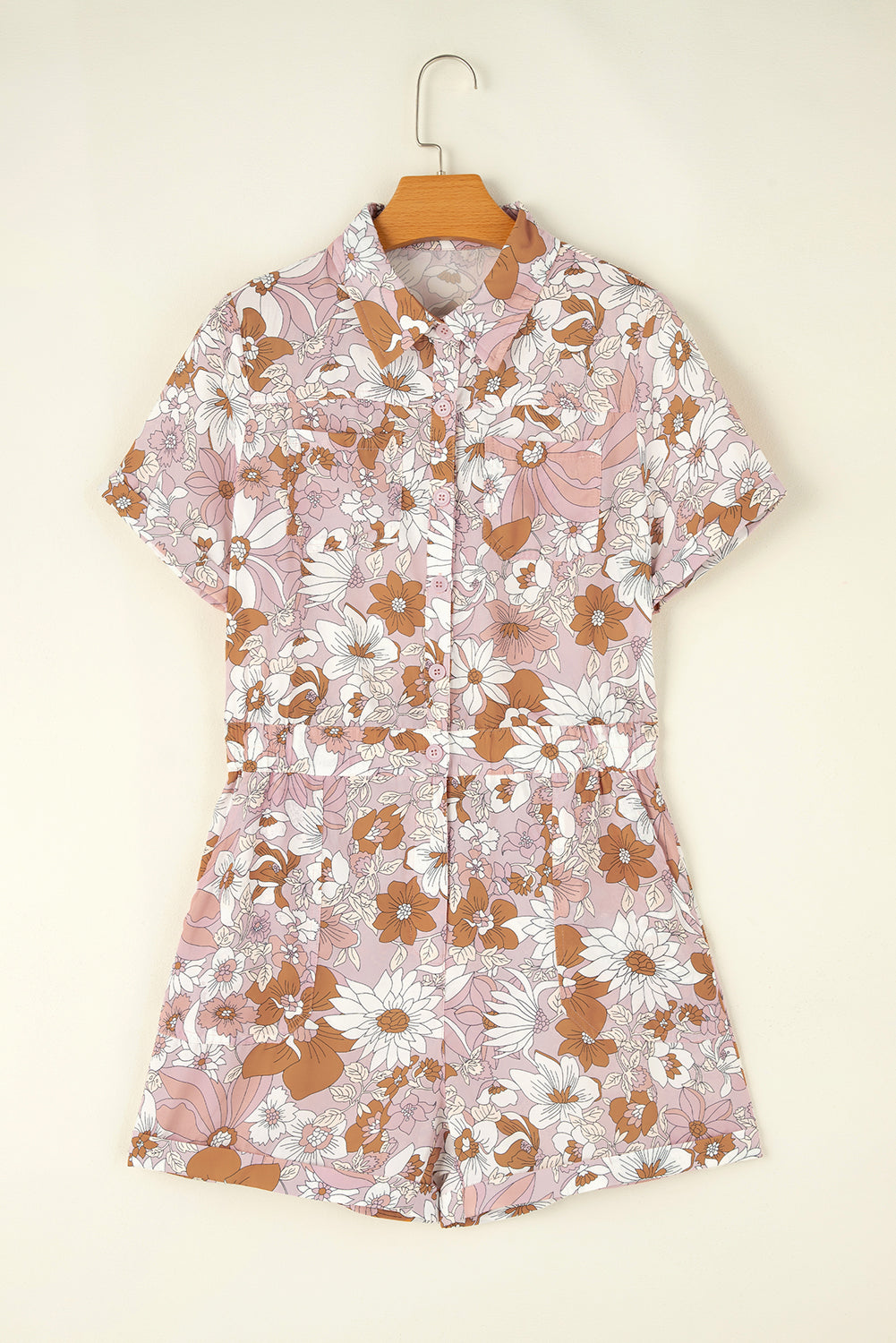 Pink Floral Short Sleeve Collared Button Front Romper